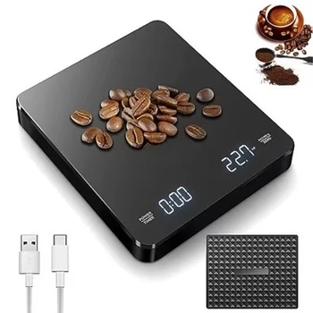 1Set Electronic Coffee Scale with Silicone Pad Digital Coffee Scale with Timer LED Display USB Charging Home Cafe Use Good Gift
