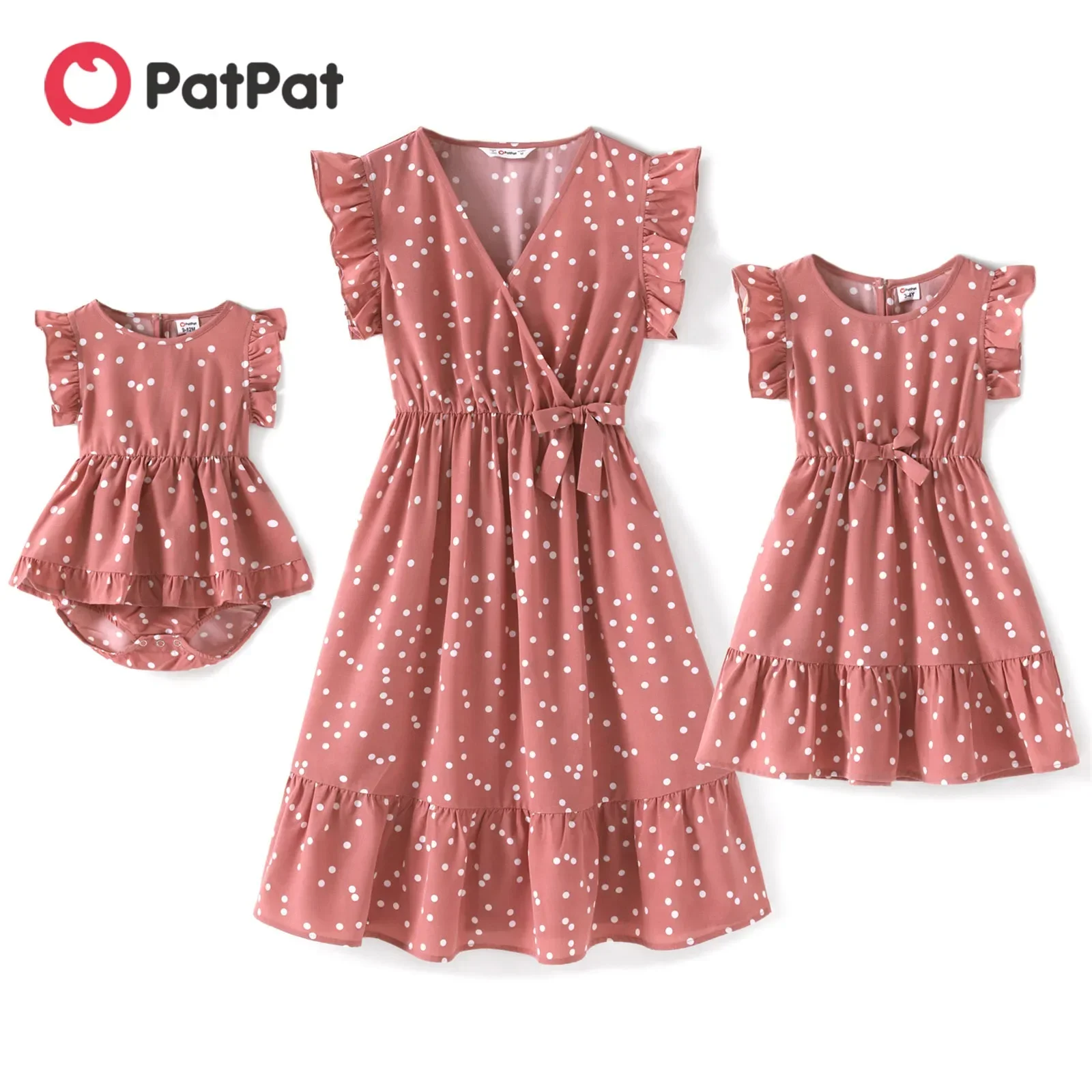 Roupas Combinadas Família PatPat, Roupas de Mãe e Filha, Tudo Sobre Pontos, Envoltório Cruz Rosa, Decote V, Vestidos Manga Flutter Ruffle