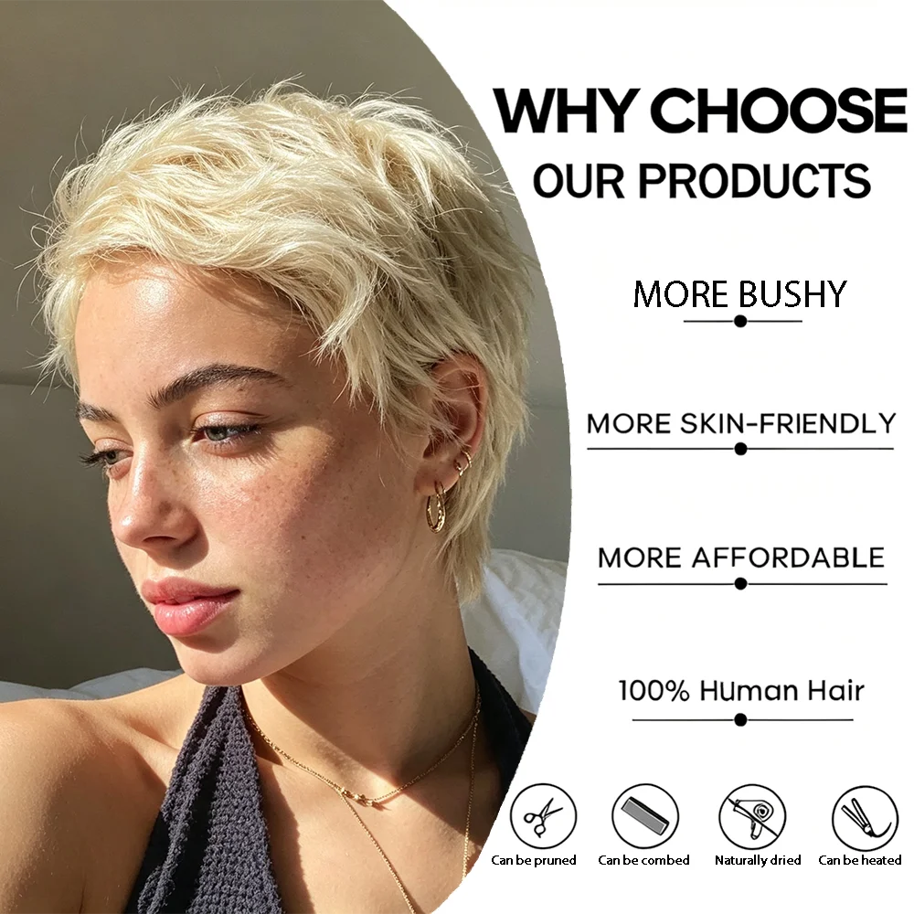 6 Inch Pixie Cut Human Hair Wig for Women, Short Blonde Color Straight Pixie Cut with Bangs, Full Machine-Made Rose Net Cap, Short Layered Wig Suitable for Holidays