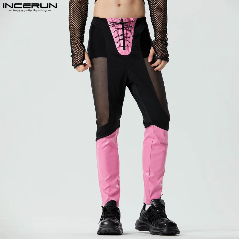 

INCERUN Men Pants Mesh Patchwork Transparent Lace Up Fashion Unisex Trousers Men Streetwear 2023 Personality Fitness Pantalon