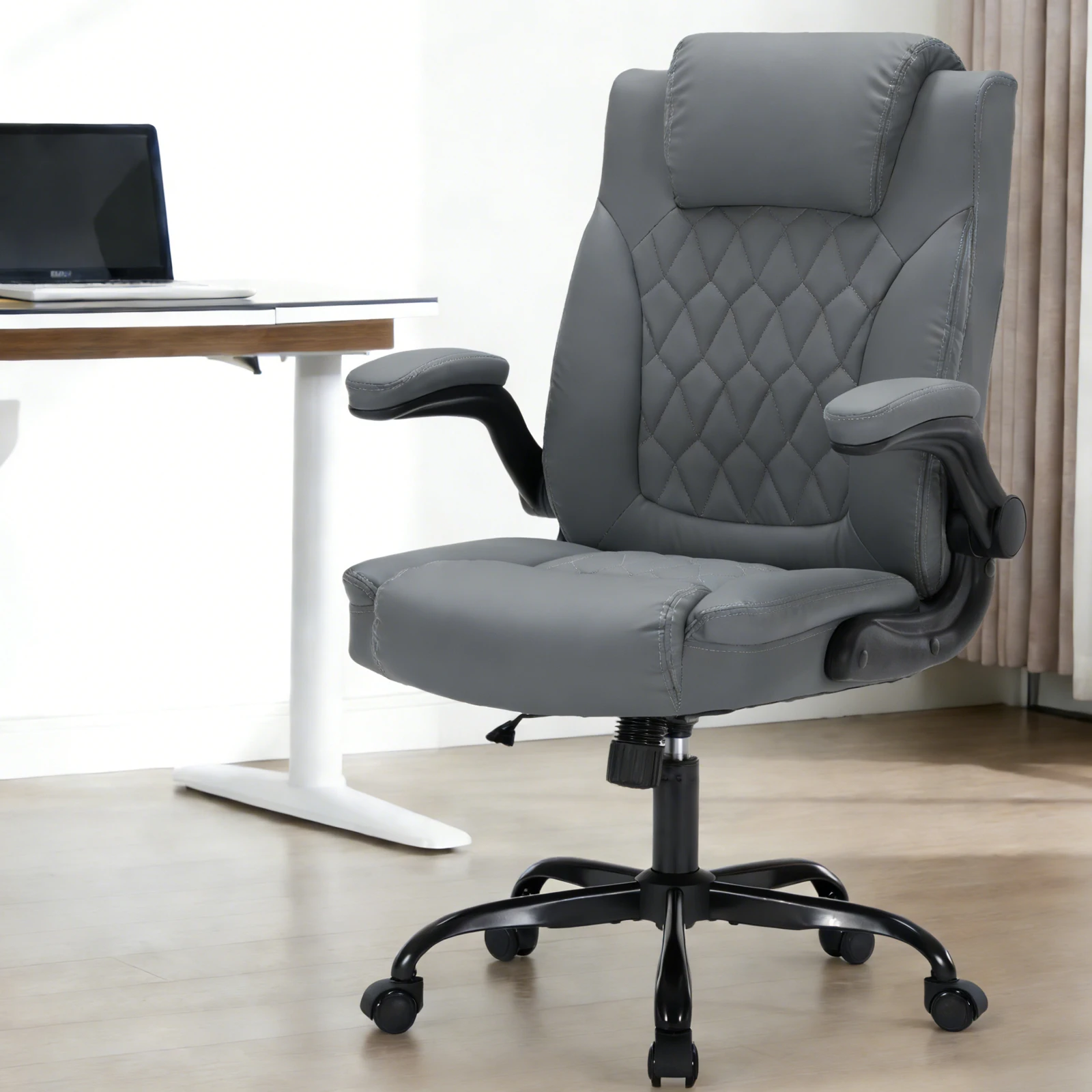Robuster Leder-Chefsessel Ergonomischer Bürostuhl mit Lendenwirbelstütze, Hochklappbaren Armlehnen, Neigungsfunktion & Lenkrollen – Detail 10
