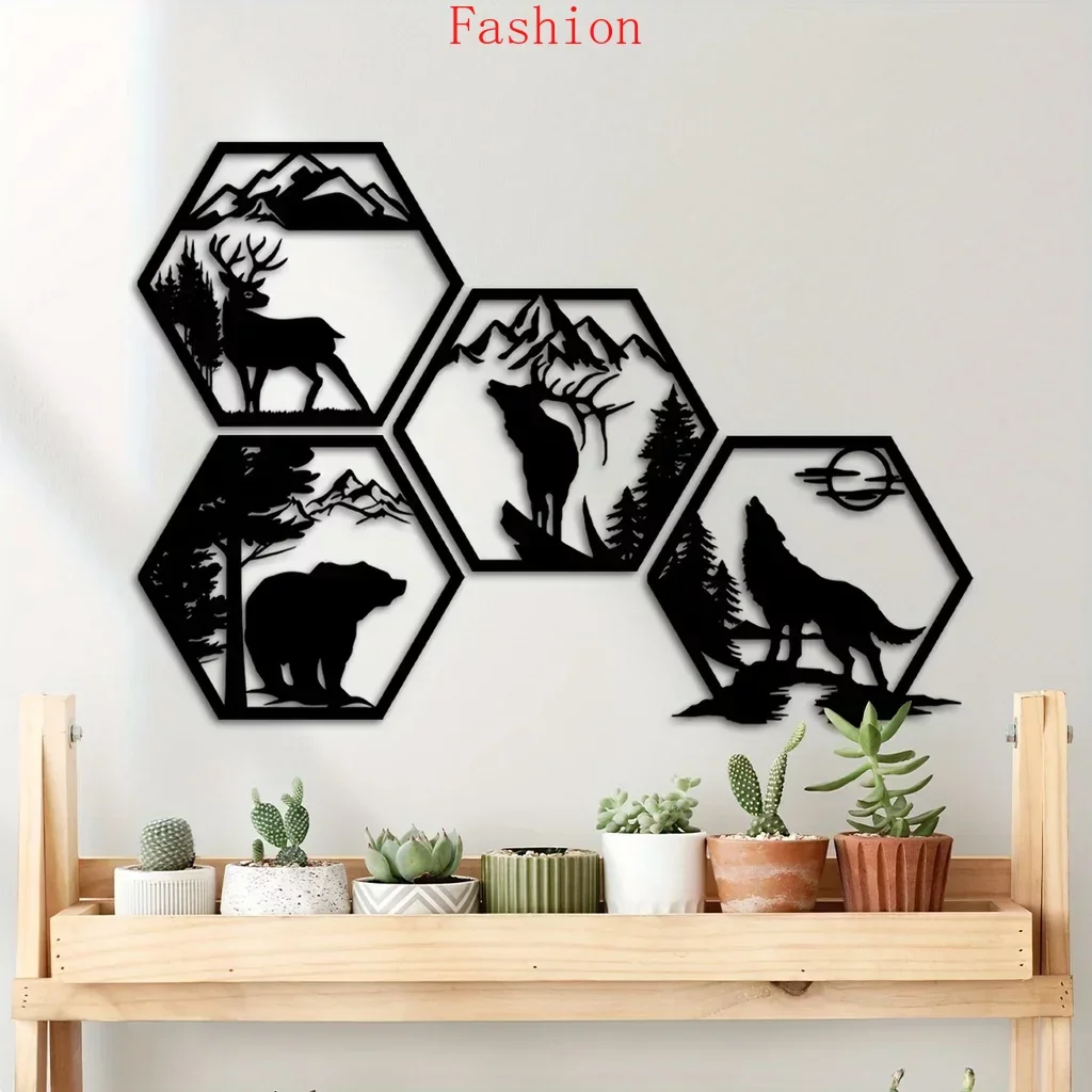 

4pcs Home Decorative Frames Elk Deer Wolf Bear Hexagonal Metal Wall Sculpture Leaked Rustic Forest Decor Wilderness Decoration w