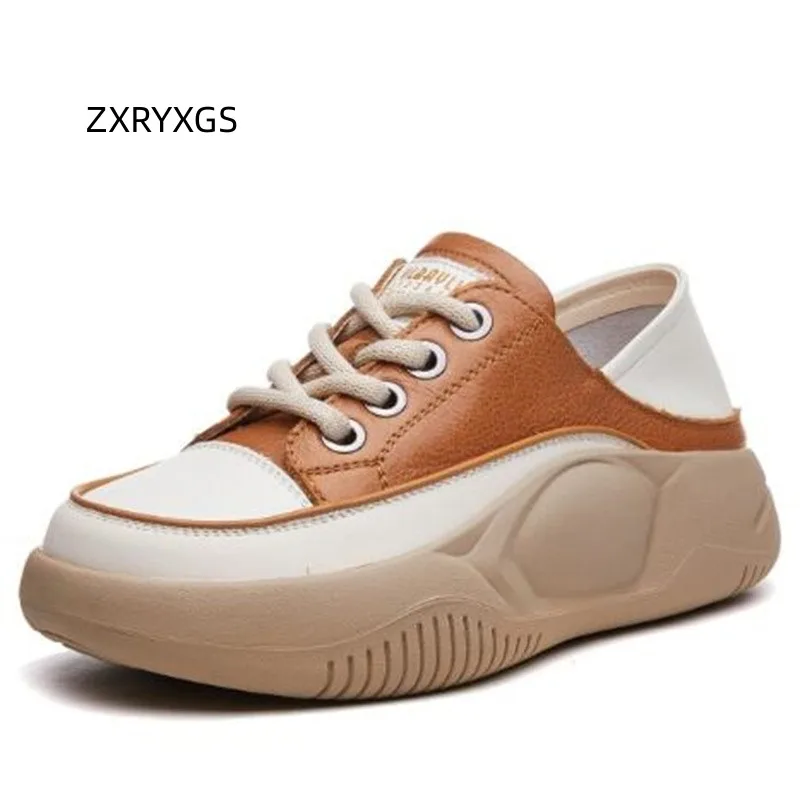 

ZXRYXGS Promotional Thick Soled Sneakers Casual Shoes 2023 Fashion Spell Color Lace-up Genuine Leather Shoes Women's Trend Shoes