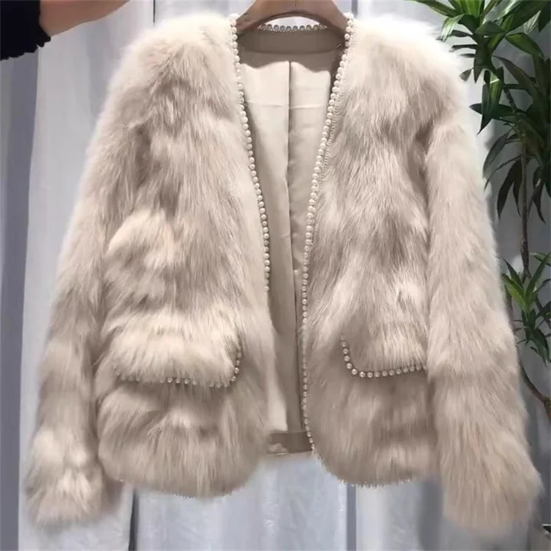FANIECES Luxury Pearl Faux Fur Women Coat Cardigan Winter Top Warm Flurry Feather Fur Jacketجاكيت شتوي نسائي manteau femme hiver