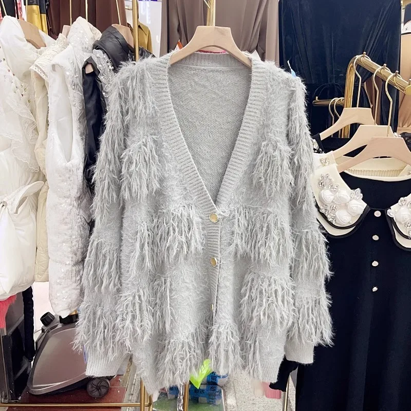 

Серый вязаный свитер, кардиган, куртка с V-образным вырезом, однобортная, Женская свободная повседневная трикотажная одежда с длинным рукавом, весна-осень
