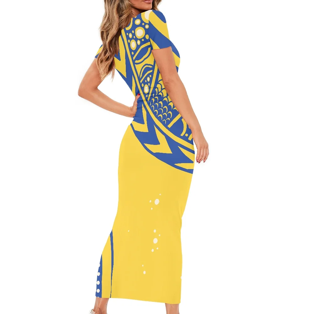 Women Maxi Hawaiian Yellow Dress Vintage Polynesian Tribal Ethnic Clothing Hawaii Short Sleeve