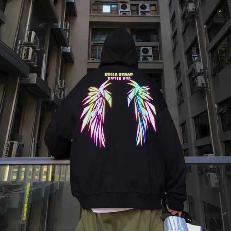Reflective Men's Hooded Sweatshirt Hip Hop Overfit Tops
