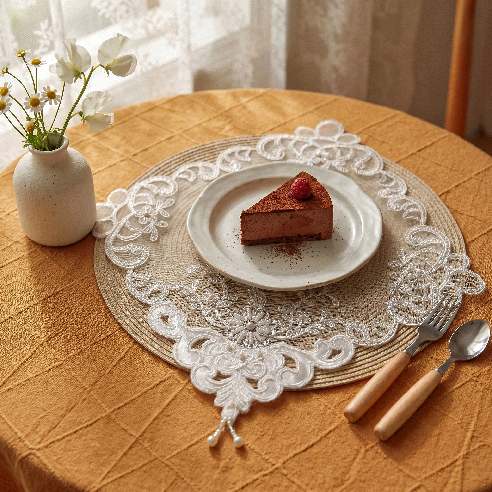 Lace Tablecloth 4Pcs 28x28 Pearl Trim Table Decor 4pcs Placemats Wedding White Lace Handmade Coasters Set Elegant Table Runner Square Table Cover Luxury Accessories For Table 4