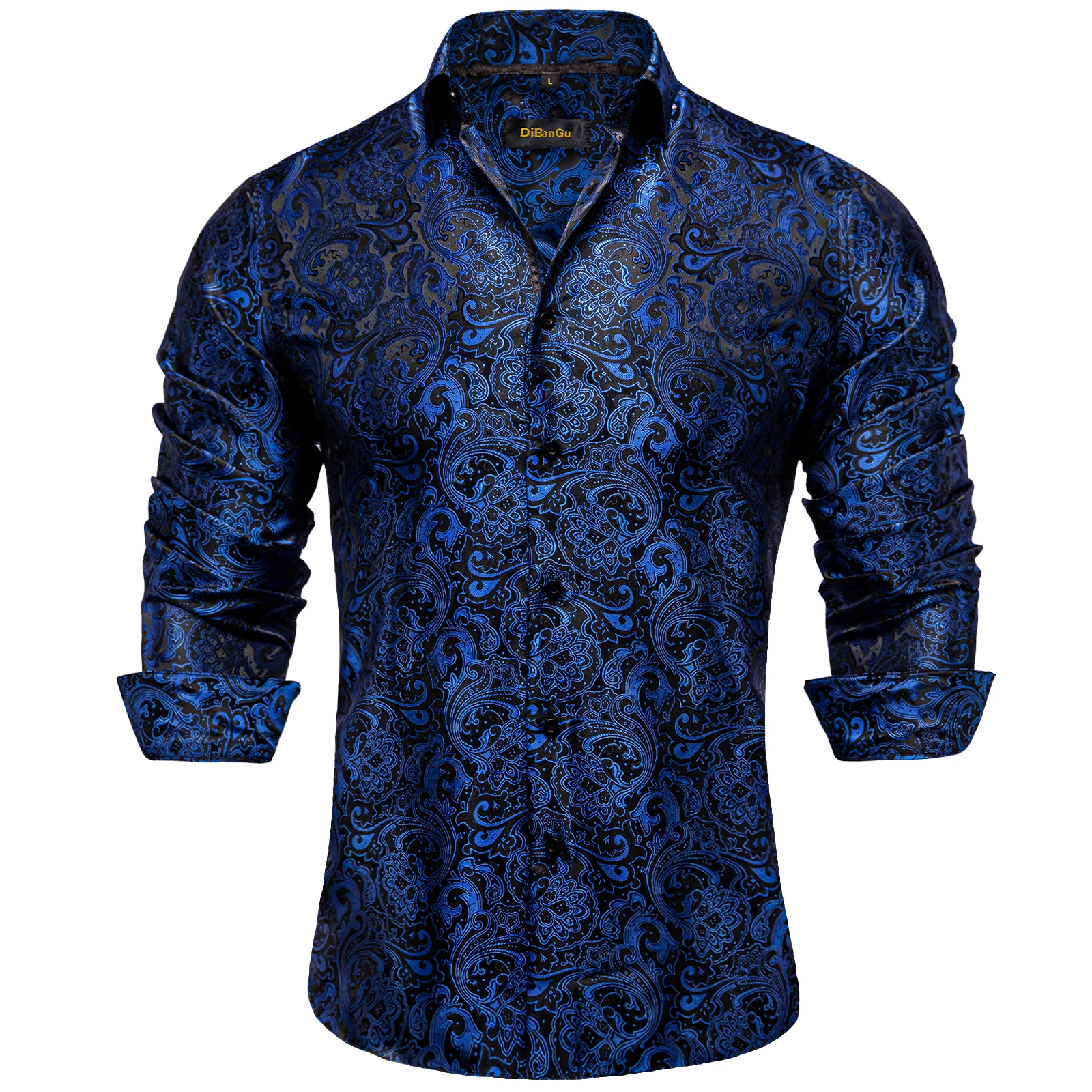 Luxury Men's Long Sleeve Blue Paisley Floral Casual Silk Shirt Regular-fit Button-down Collar Thick Dress Shirts DiBanGu