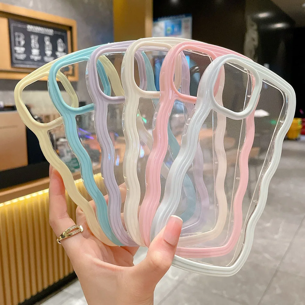 

Candy Color Wavy Border Transparent Shockproof Phone Case for iPhone 14 15 Plus 11 12 13 Pro Max Soft Protective Back Cover