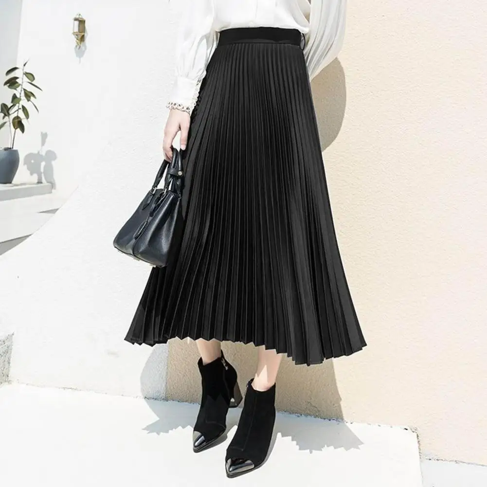 

Midi Skirt for Women Wide Elastic Waistband Skirt Elegant Women's Vintage Pleated A-line Midi Skirt with Wide Elastic for A