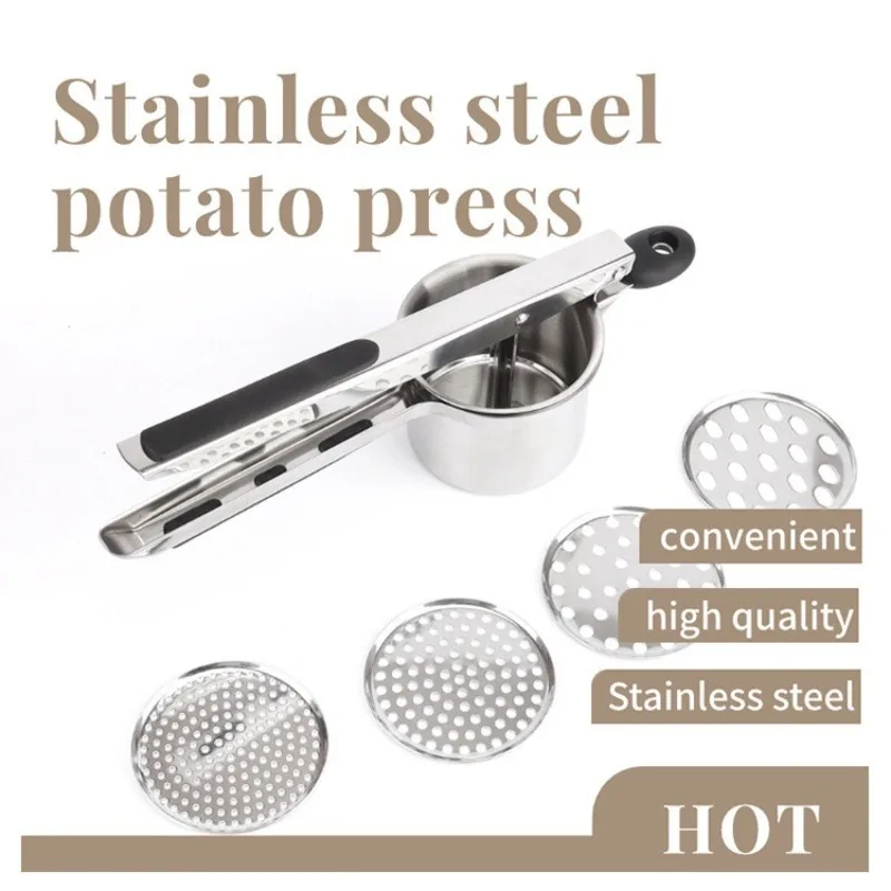 Stainless Steel Manual Potato Ricer with Silicone Grip Handle with Interchangeable Fineness Mesh Potato Masher Kitchen Gadget