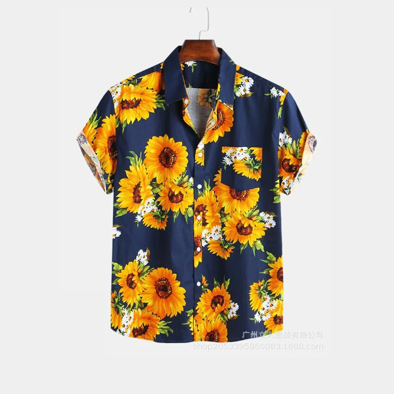 Mens Ethnic Short Sleeve Beach Hawaiian Shirt Tropical Summer Cotton Linen Printing Hawaiian Button Down Shirts Plus Size