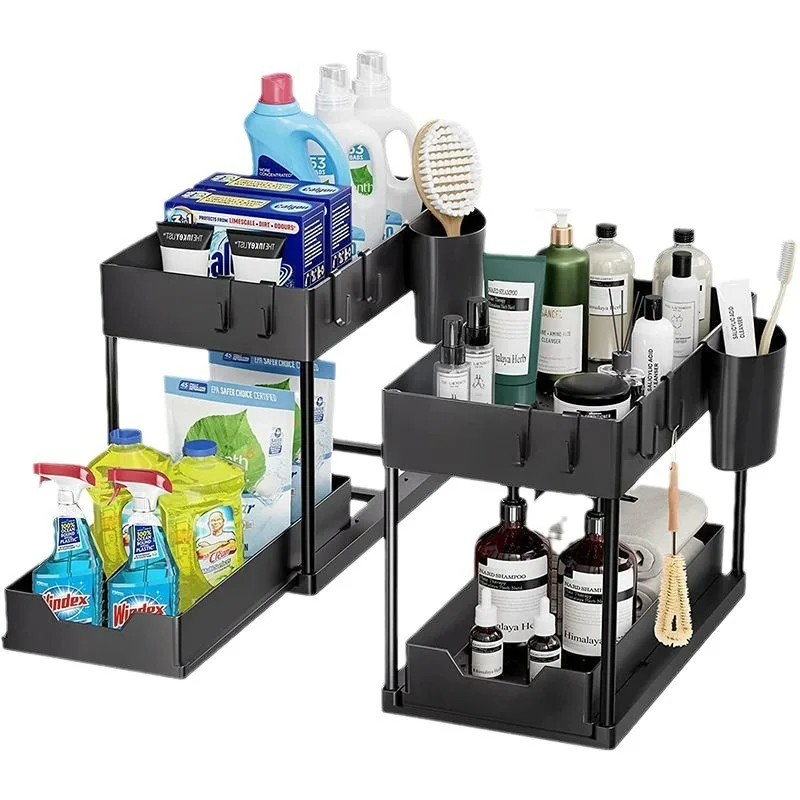 

Bathroom Countertop Pullout Organizer Storage Shelf Split Shelf Home Kitchen Under Sink Shelf Black White Available