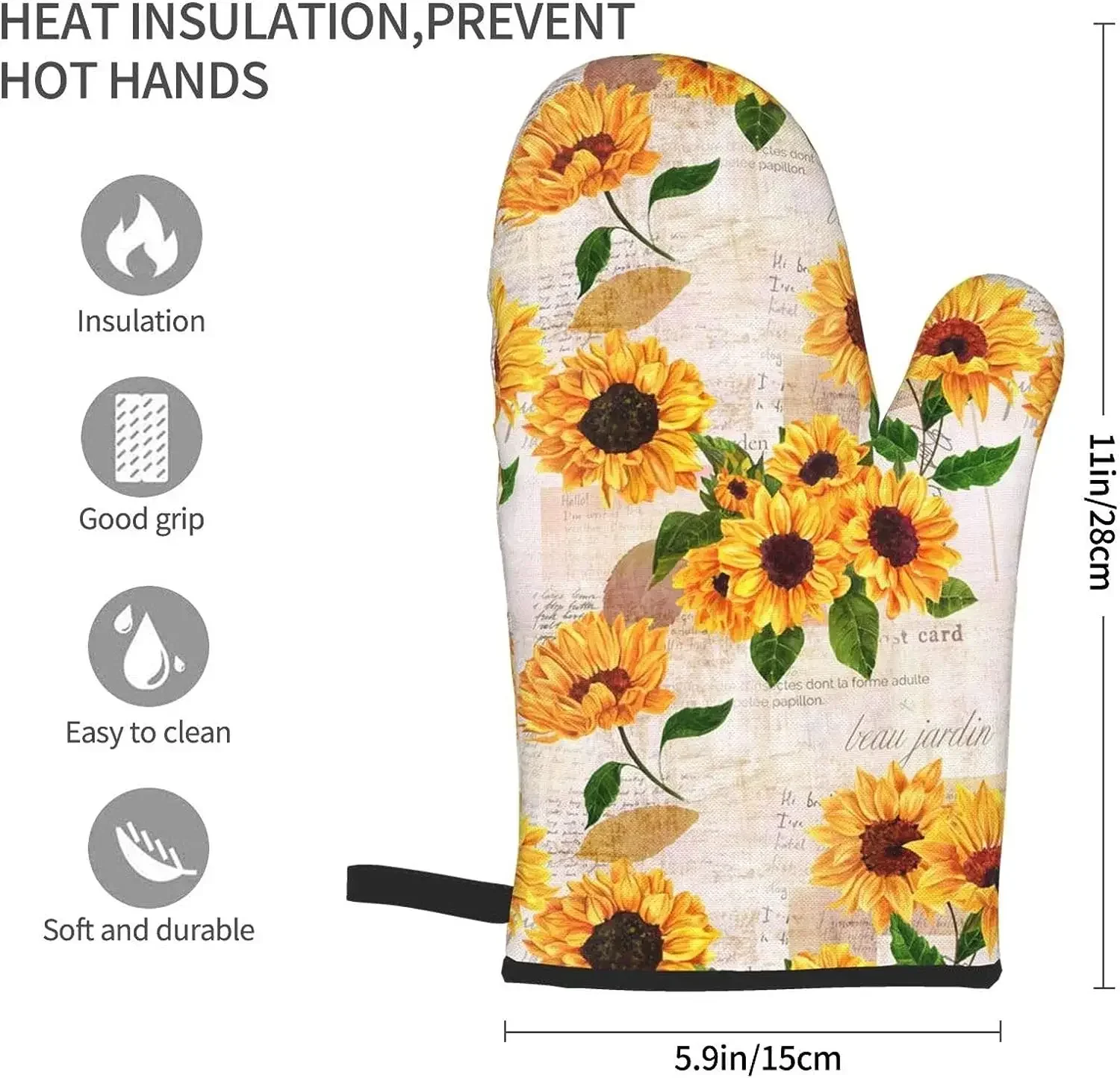 2pcs Sunflower Floral Print Oven Mitts Heat Resistant Kitchen Waterproof Gloves with Inner Cotton Layer For Cooking BBQ silicone oven mitts kitchen gloves cotton pot holders