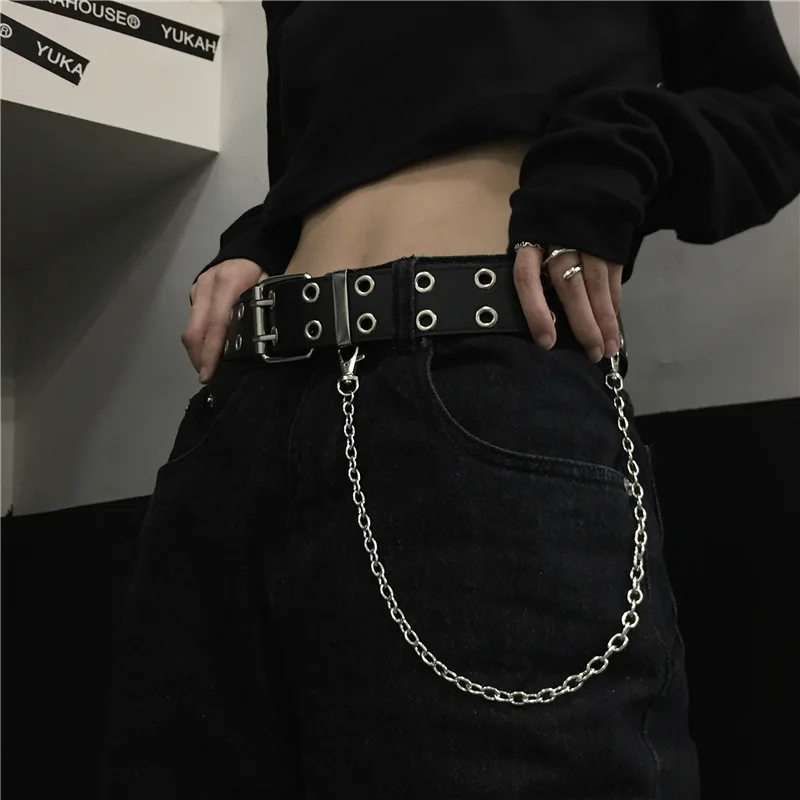 Hip Hop Kette Quaste Gürtel Punk Nieten Pin Schnalle PU Gürtel Y2K Unisex Schwarz Casual PU Jeans Hosen Gürtel Für Frauen männer