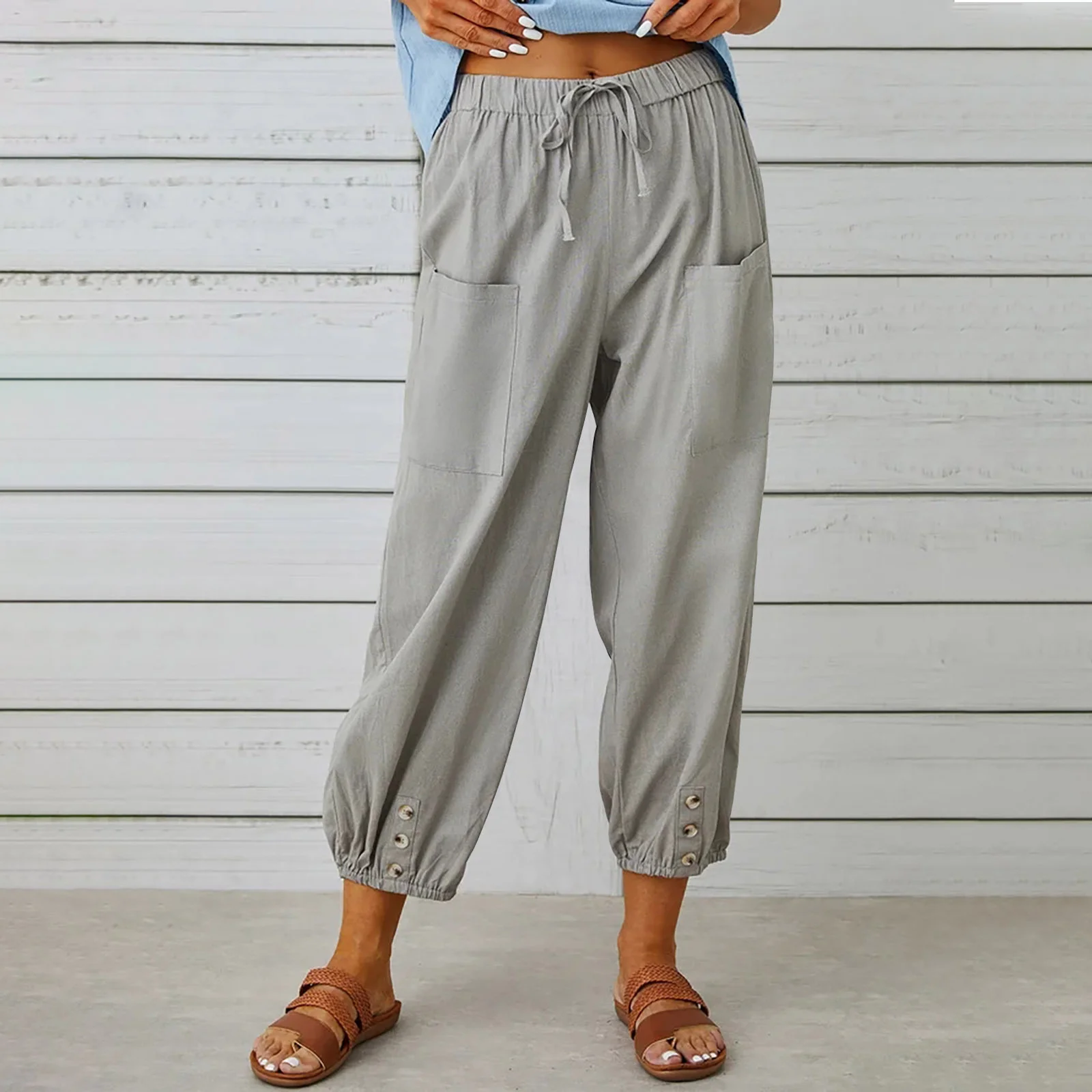 

2023 Women's Loose High-waisted Buttoned Cotton And Hemp Trousers With Wide Legs Pants