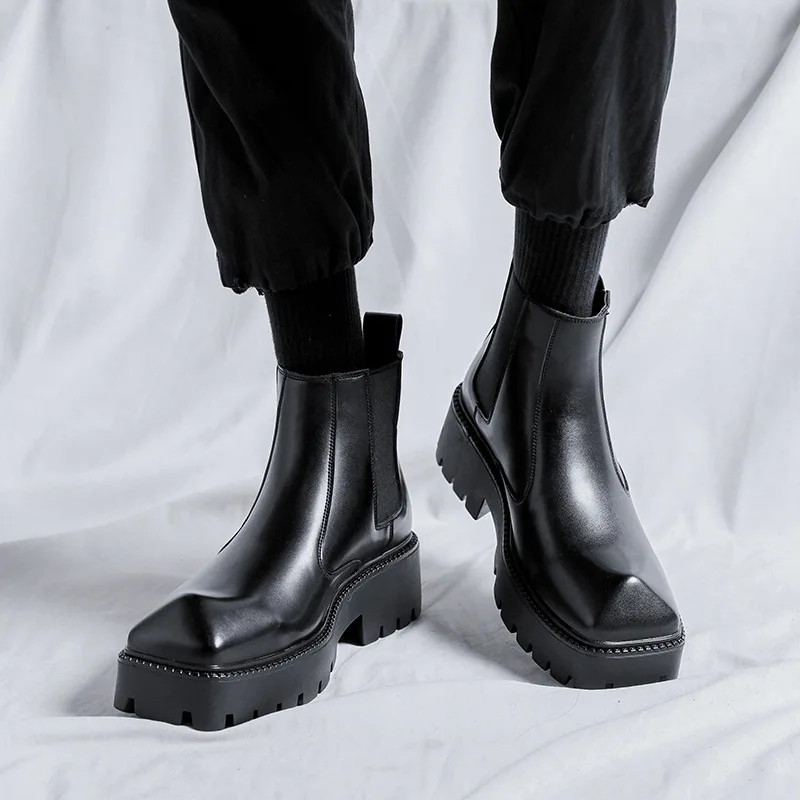 

Men Med Heel Platform Shoes Fashion Split Leather Ankle Boots Male Slip On Horn Chelsea Boots Casual Footwear