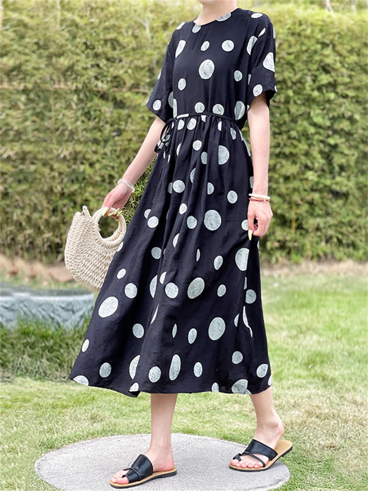Summer Cotton Vintage Casual Loose Black Dresses For Women Short Sleeve Polka Dot Dress Femme Robe Vestidos Elegant Long Clothes