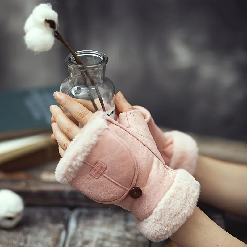 Winter Women's warm thickened half finger suede gloves button closure winter sports knitted ski gloves for women snowboarding 6