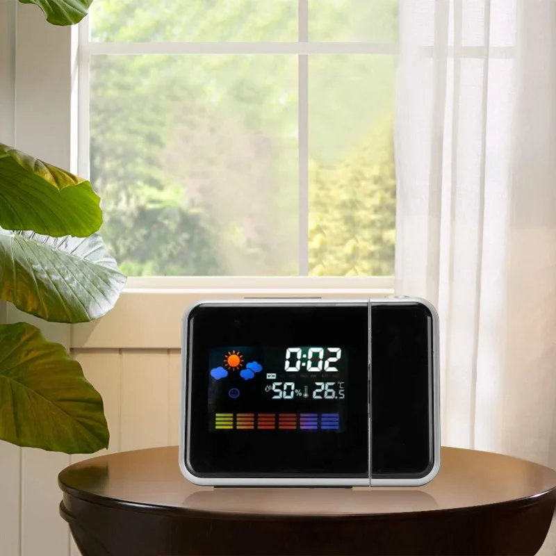 Color Screen Digital Projection Weather Alarm Clock, Electronic LED Adjustable Angle Projection Intelligent Alarm Clock