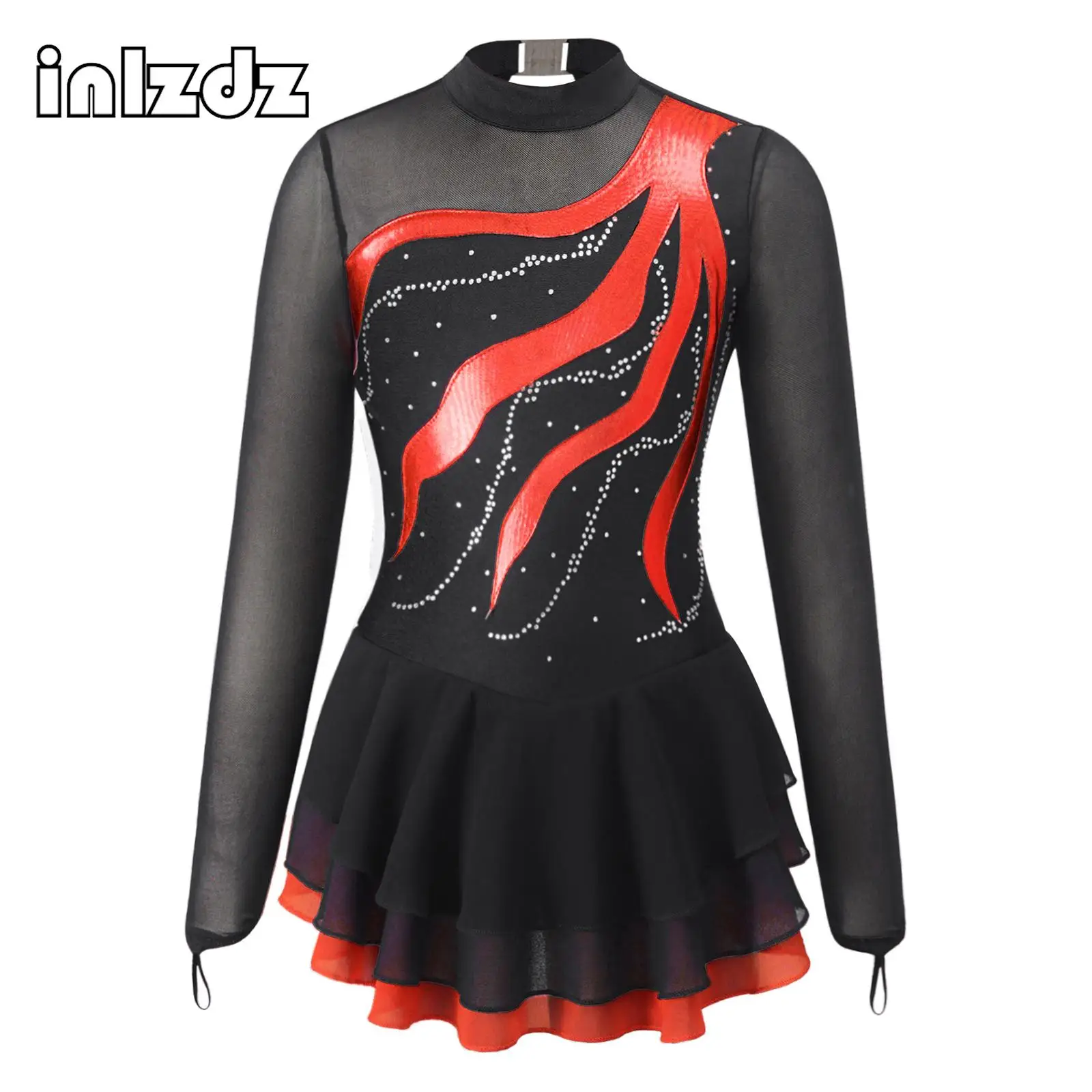 Kids Girls Long Sleeve Figure Skating Dress Rhinestone Mesh Splice Cutouts Back Ballet Gymnastics Leotard Competition Costume