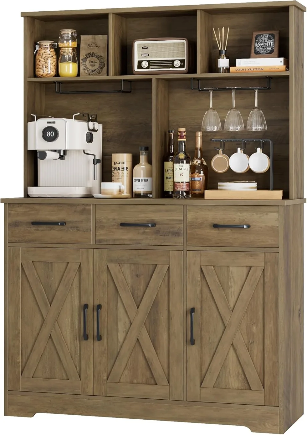 HOSTACK Buffet Cabinet with Hutch, Modern Farmhouse Kitchen Buffet Sideboard Storage Cabinet with 3 Drawers, Barn Door Coffee