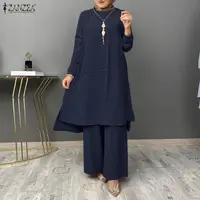 Ensembles assortis musulmans pour femmes ZANZEA 2026 – Hauts longs élégants et pantalons – Survêtement Dubai Hijab Abaya Kaftan – Tenues de Ramadan Islamiques 3