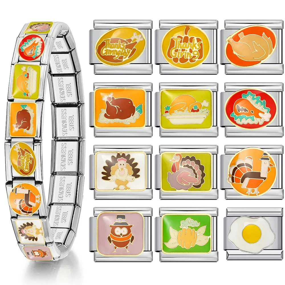 1pc Y2K Thanksgiving Day Geschenk Italienische Charm Armband Edelstahl Nette Türkei Kürbis Elastische Link Kette DIY Herstellung Von Schmuck
