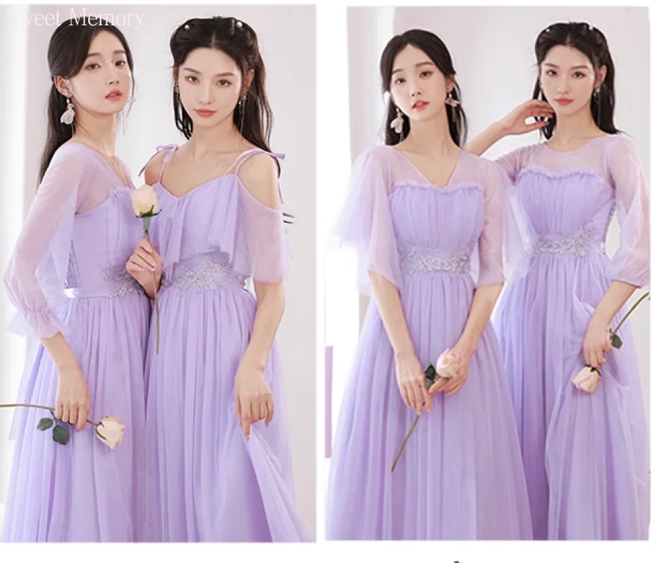 M58 In Stock Purple Lilac Bridesmaid Dress Party Robe Champage Gray Mesh Net Tulle Wedding Graduation Dresses Elastic Back bridesmaid dresses