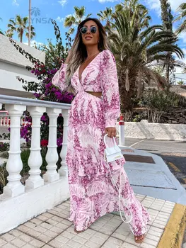 Sexy v-neck backless hollow out dress 2022 autumn women lantern sleeve club party long maxi dresses tunic beach cover up a939