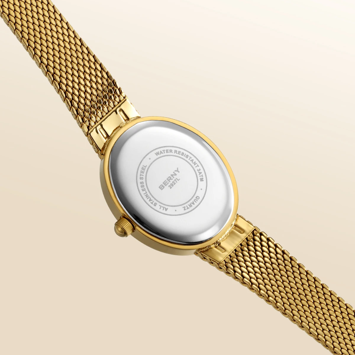 BERNY Damenuhren, modisch, luxuriös, goldene Quarz-Armbanduhr für Damen, komplett aus Edelstahl, ovales Gehäuse, lässige Kleid-Armbanduhr – Detail 4