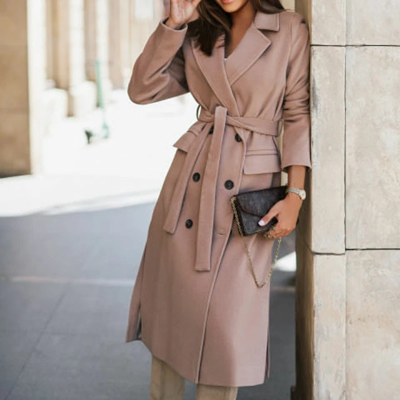 Women's Coat Simple Long Sleeve Suit Collar Tie Woolen Long Coat