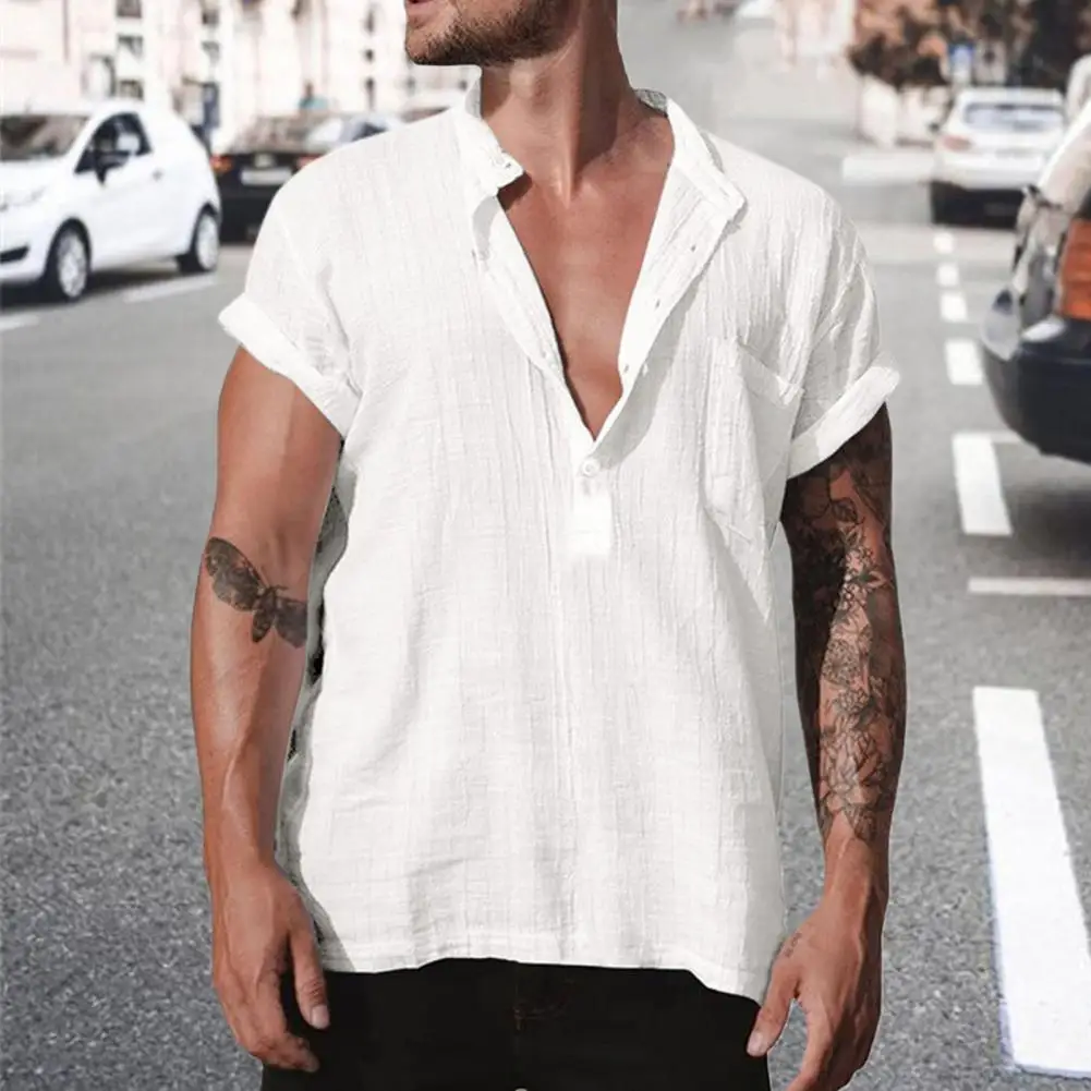 

Stylish Men Summer Shirt Patch Pocket Breathable Men Top Leisure Men Summer Shirt
