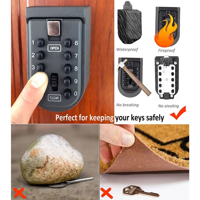 Key Lock Box Wall Mount Waterproof Spare Key Storage Box 10-digit Combination Lockbox Push Button Key Keeper Box for Home office 6