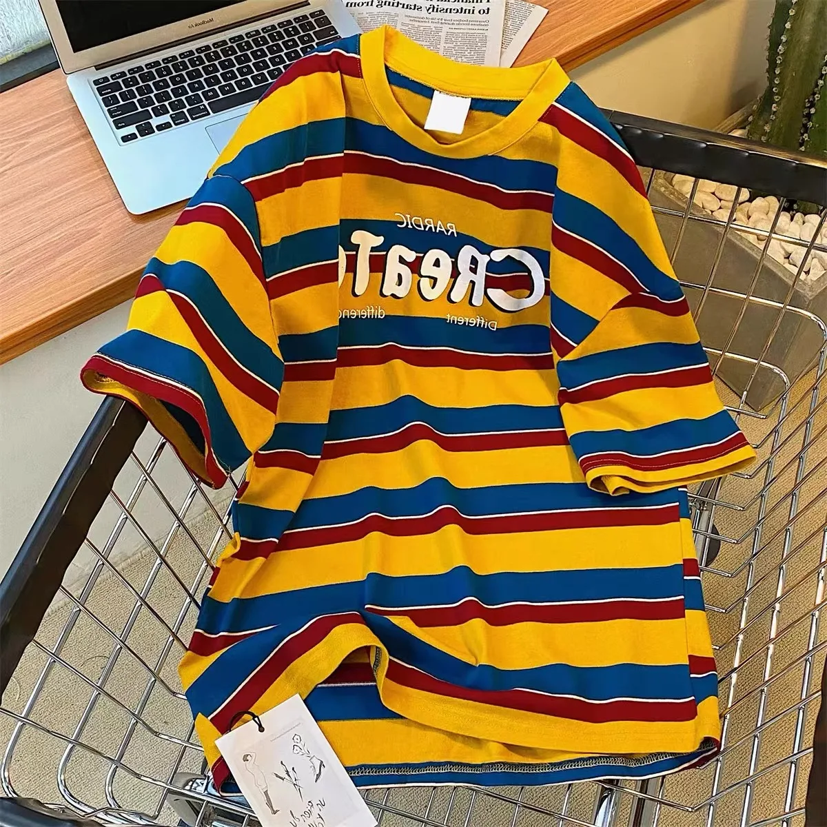 

Retro Striped T-Shirt Women Summer Short Sleeve Round Neck Street Harajuku Cotton T-Shirt Oversized Casual Hip Hop Streetwear