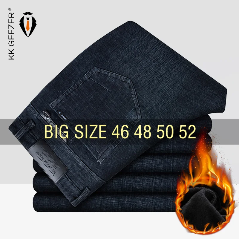 Denim Pants Men Winter Fleece Straight Cotton Casual Trousers Plus Size 46 48 50 52 Oversize Thicken Warm Autumn Loose