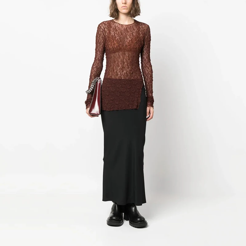 

Модный сексуальный полупрозрачный пуловер y2k, топ, осень 2023, новинка, круглый вырез, длинный рукав, тонкая эластичная кружевная женская одежда