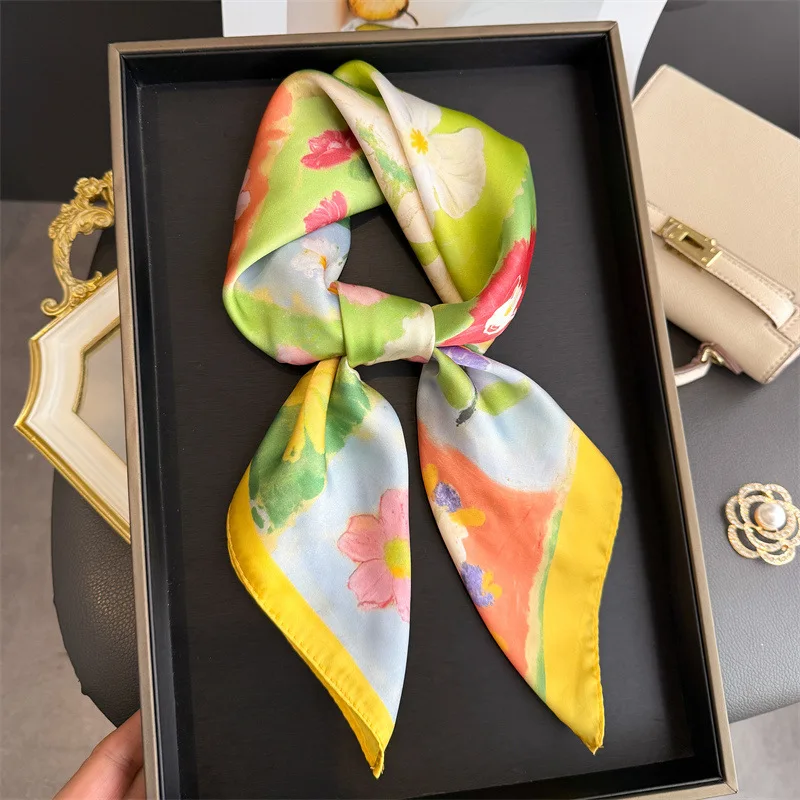 Neues Designer-Bandana aus Seide, quadratischer Schal für Damen, Satin-Tuch, Hijab, Haarband, luxuriöses Kopftuch, 70*70cm, Echarpe – Detail 10