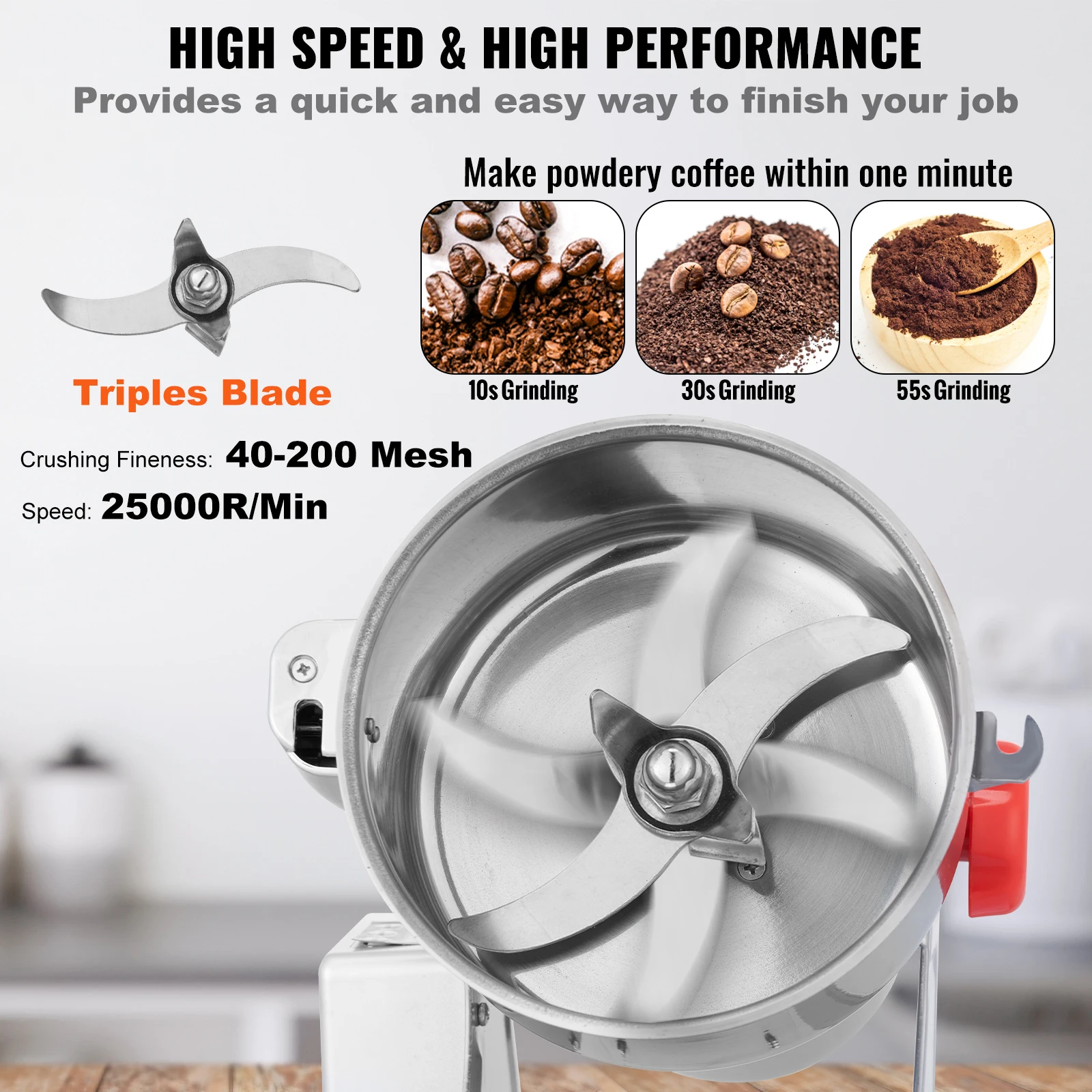 VEVOR 1/2.5KG Commercial Electric Swing Type Grain Mill Grinder,Stainless Steel Pulverizer Powder Machine, for Dry Herbs Grains 4