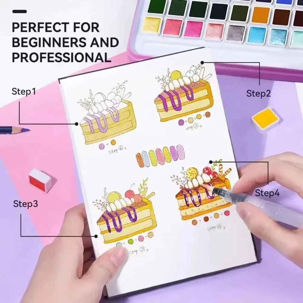 MeiLiang Watercolor Paint Set 36 Standard Colors 12 Glittery Colors Exquisite Carrying Box with Metal Ring and Watercolo