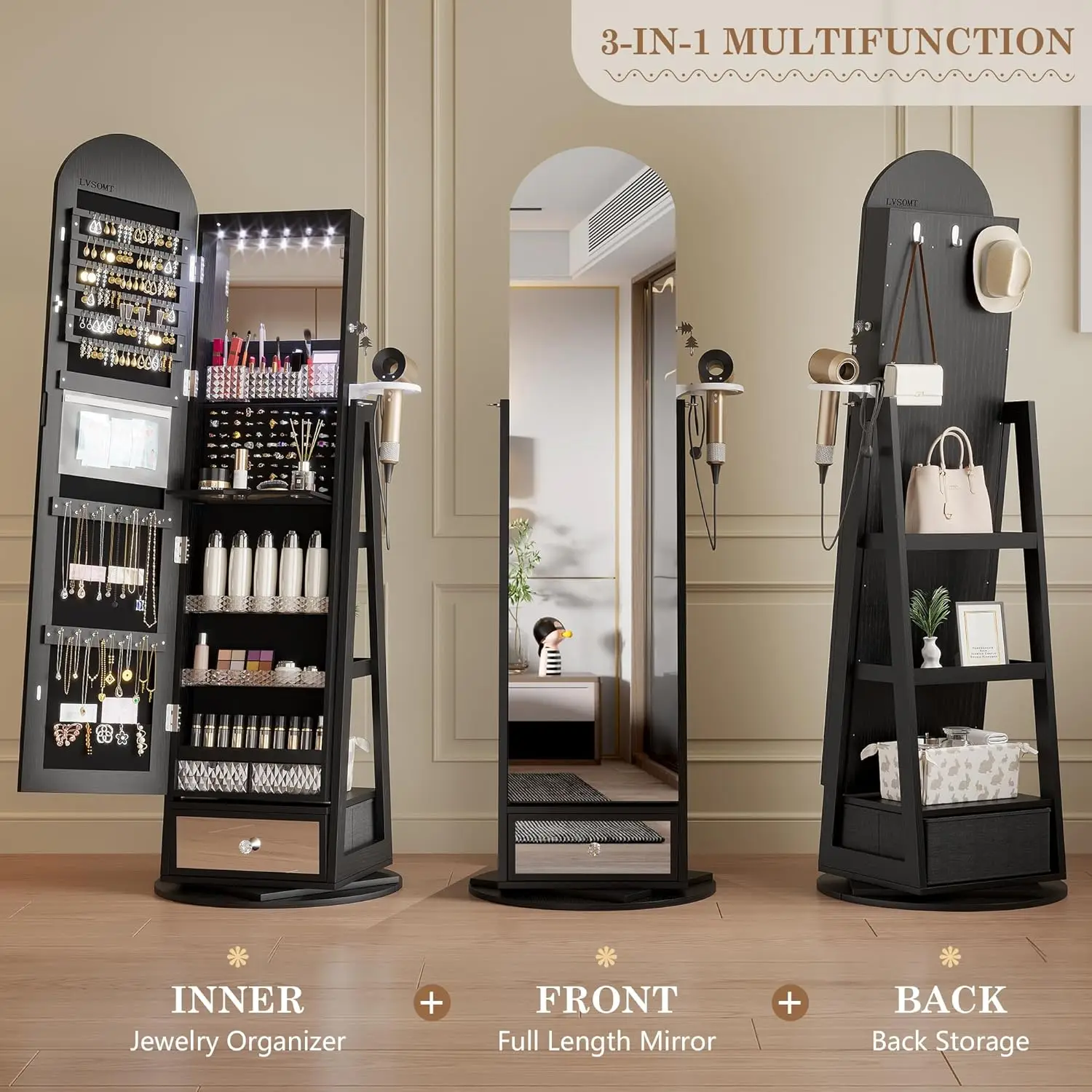 360° Swivel Arched Jewelry Mirror Cabinet, 64"H Standing Jewelry Armoire with 6 LED Lights, Lockable Jewelry Organizer