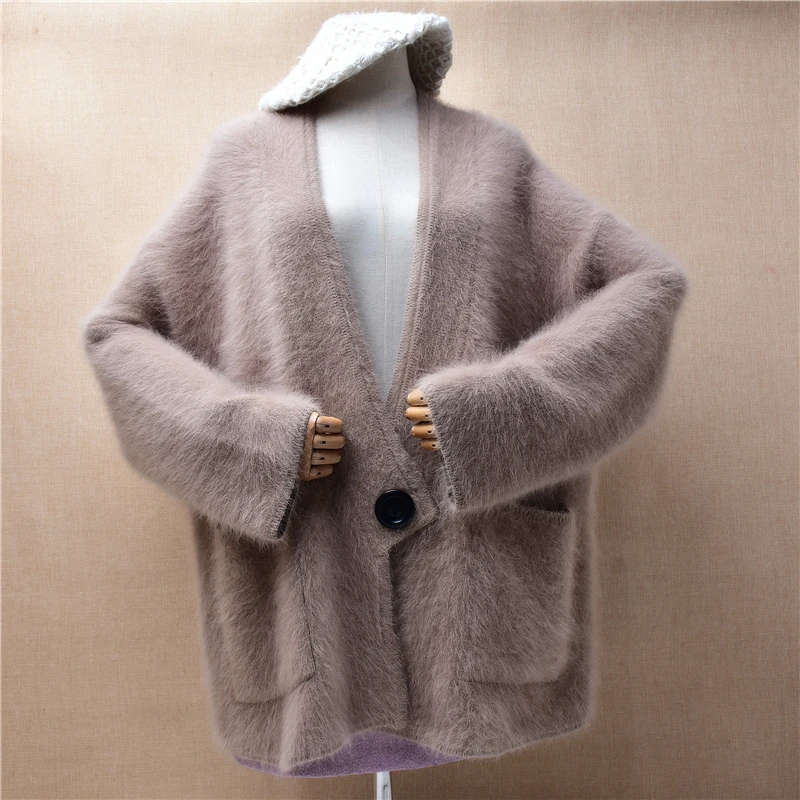 

Female Women Fall Winter Clothing Camel Hairy Angora Rabbit Hair Knitwear Inside V-Neck Loose Cardigans Jacket Sweater Coat Pull