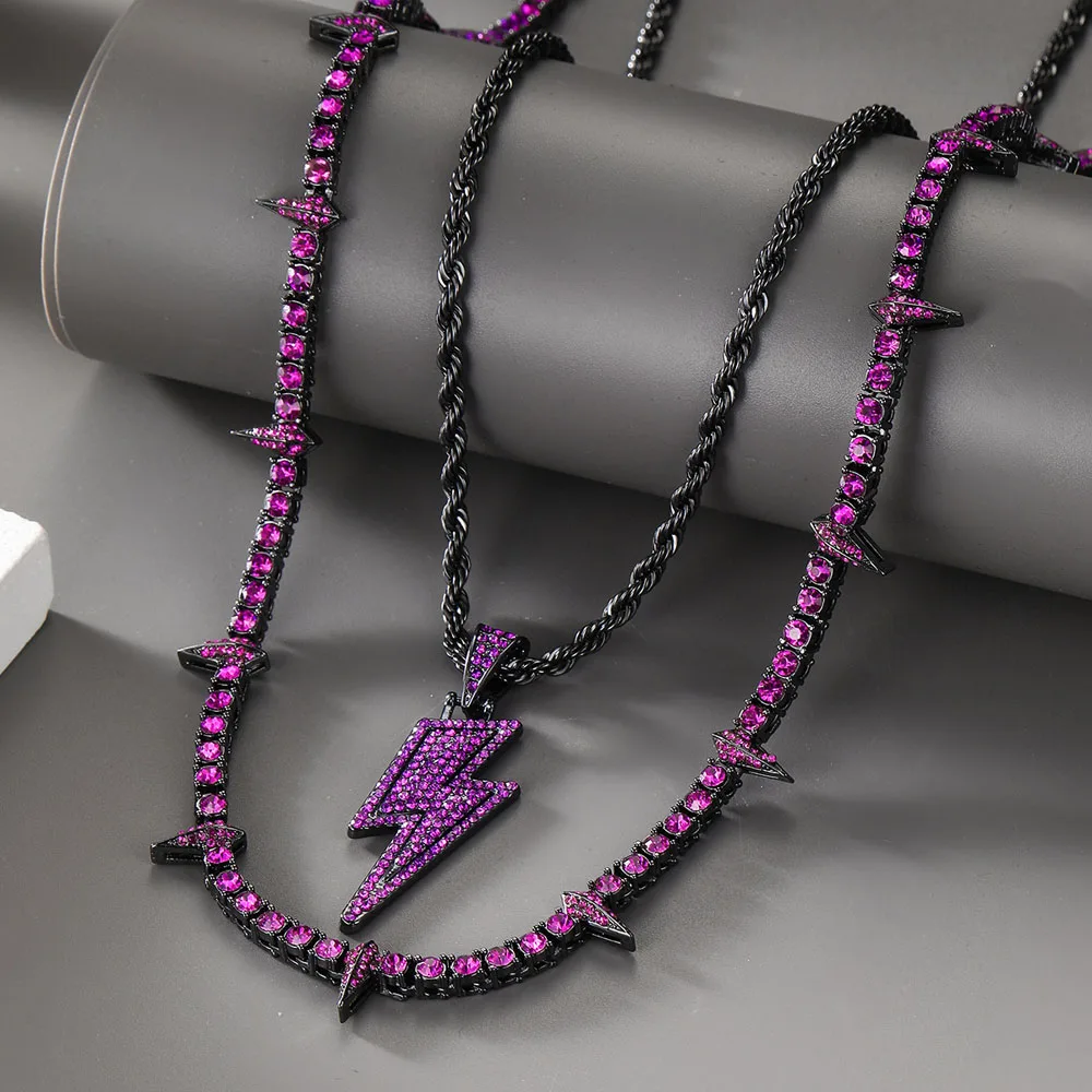 Hip Hop Lightning Pendant Dark Purple Iced Out CZ Tennis Chain Necklace Black Panther Rock Rivet Wolf Tooth Necklace Men Jewelry