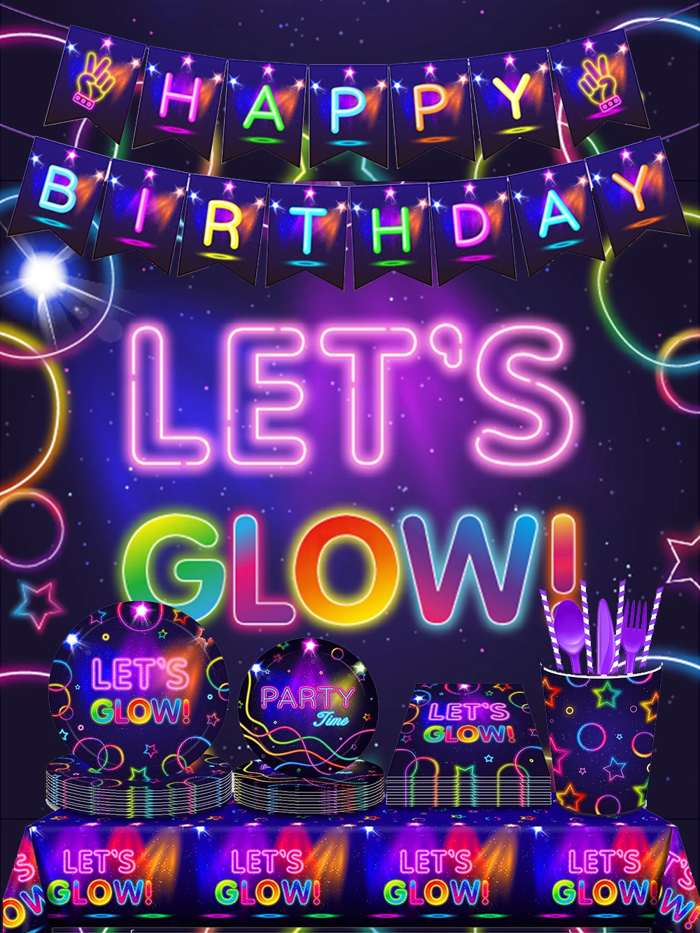 Glow Party Tischdecke Servietten Tassen Teller Banner Neon Latex Luftballons für Glow Geburtstags feier Disco Hochzeit Dekoration Lieferungen – Detail 1