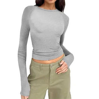 Women's Casual Comfortable Round Neck Long Sleeve T-shirt Solid Color Tight Fitting Pullover Top Base Layer Clothing 2