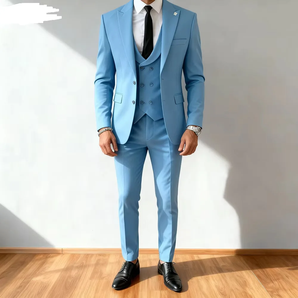 Solid Suits for Men Slim Fit Luxury Wedding Tuxedos Fashion Mens 3 Pieces(Blazer+Vest+Pants)Peak Lapel Suits Jacket for Business