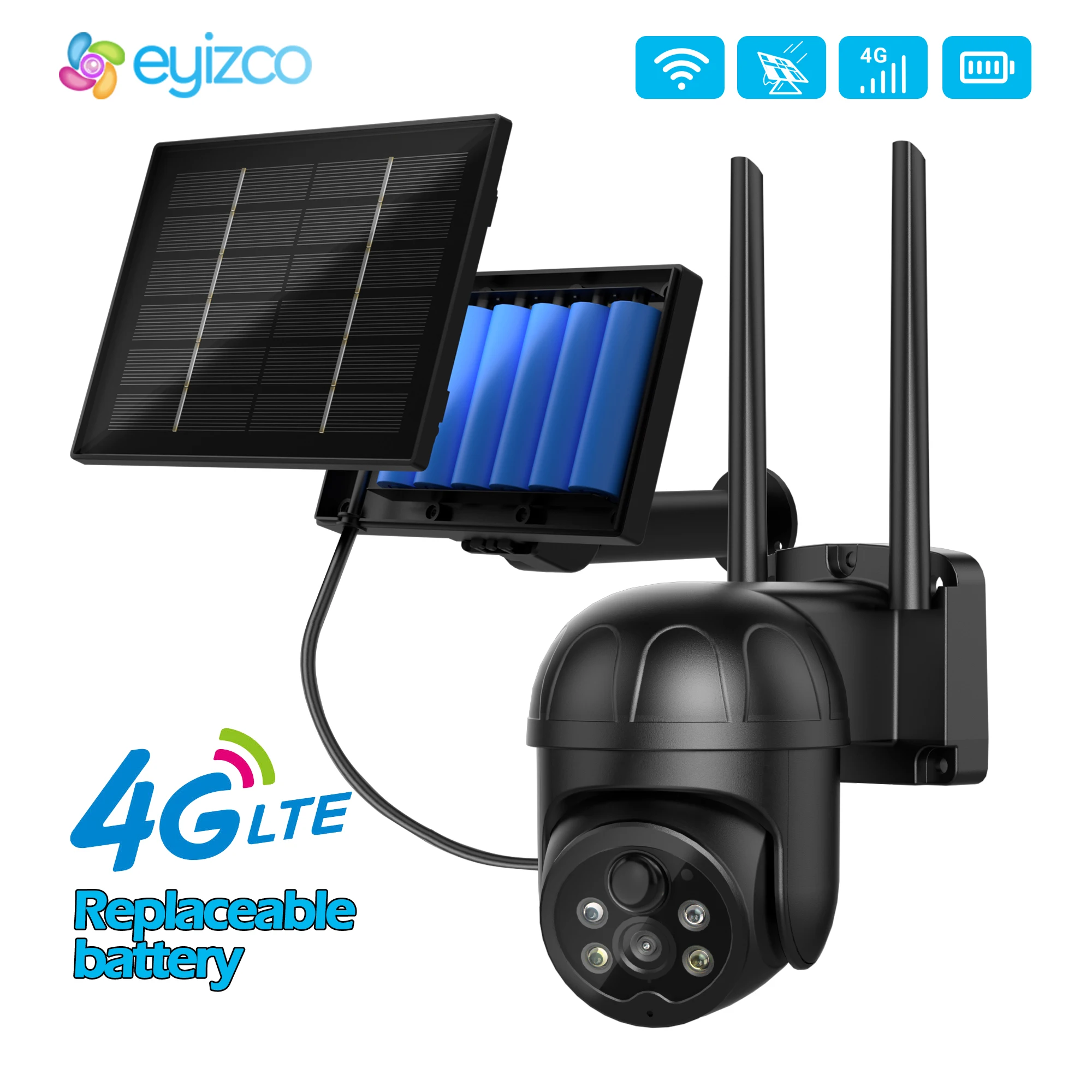 

Eyizco 4G солнечная Wi-Fi 3MP камера видеонаблюдения беспроводная водонепроницаемая камера наружного видеонаблюдения PTZ батарея 18650 защита для дома