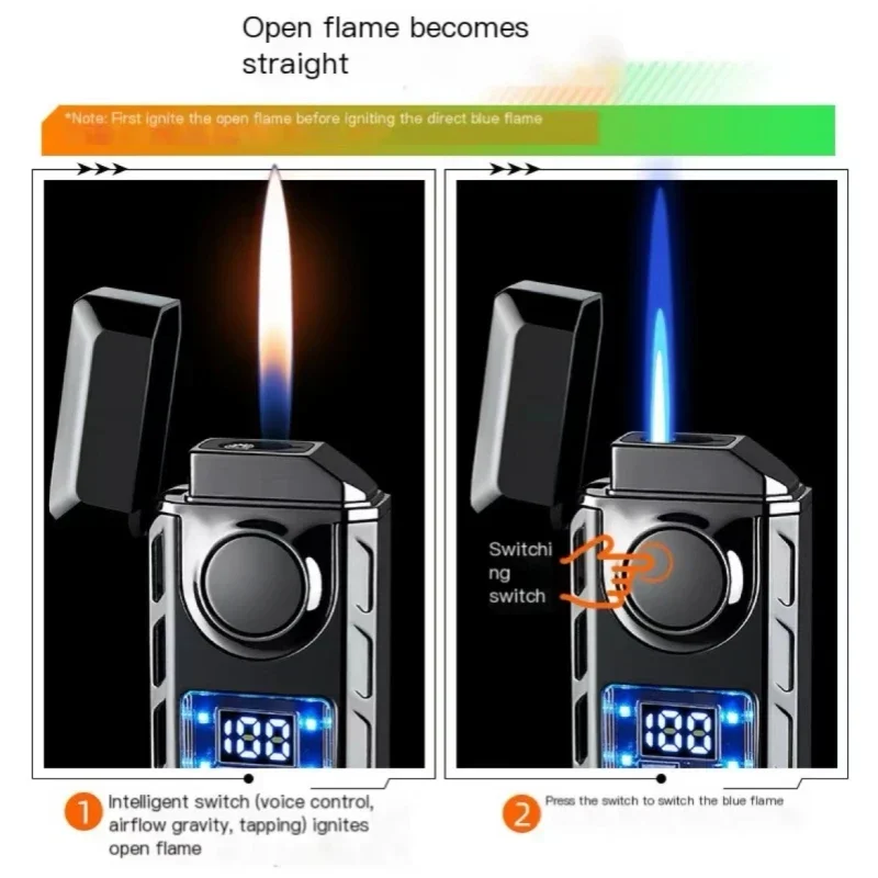 Creative Voice Controlled Ignition Gas Lighter Color Light Battery Display Open Fire Switching Jet Fire USB Electric Lighters 3