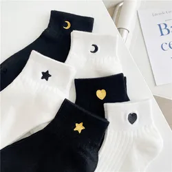 Embroidery Star Moon Heart Smile Socks Fashion Woman Socks Korea Harajuku Style Kawaii Funny Cartoon Female Socks Lovely Girl